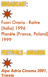 BROADCAST:
￼
Fuori Orario - Raitre (Italia) 1996 
Planéte (France, Poland) 1999

FESTIVALS - AWARDS
￼
Alpe Adria Cinema 2001, Trieste

